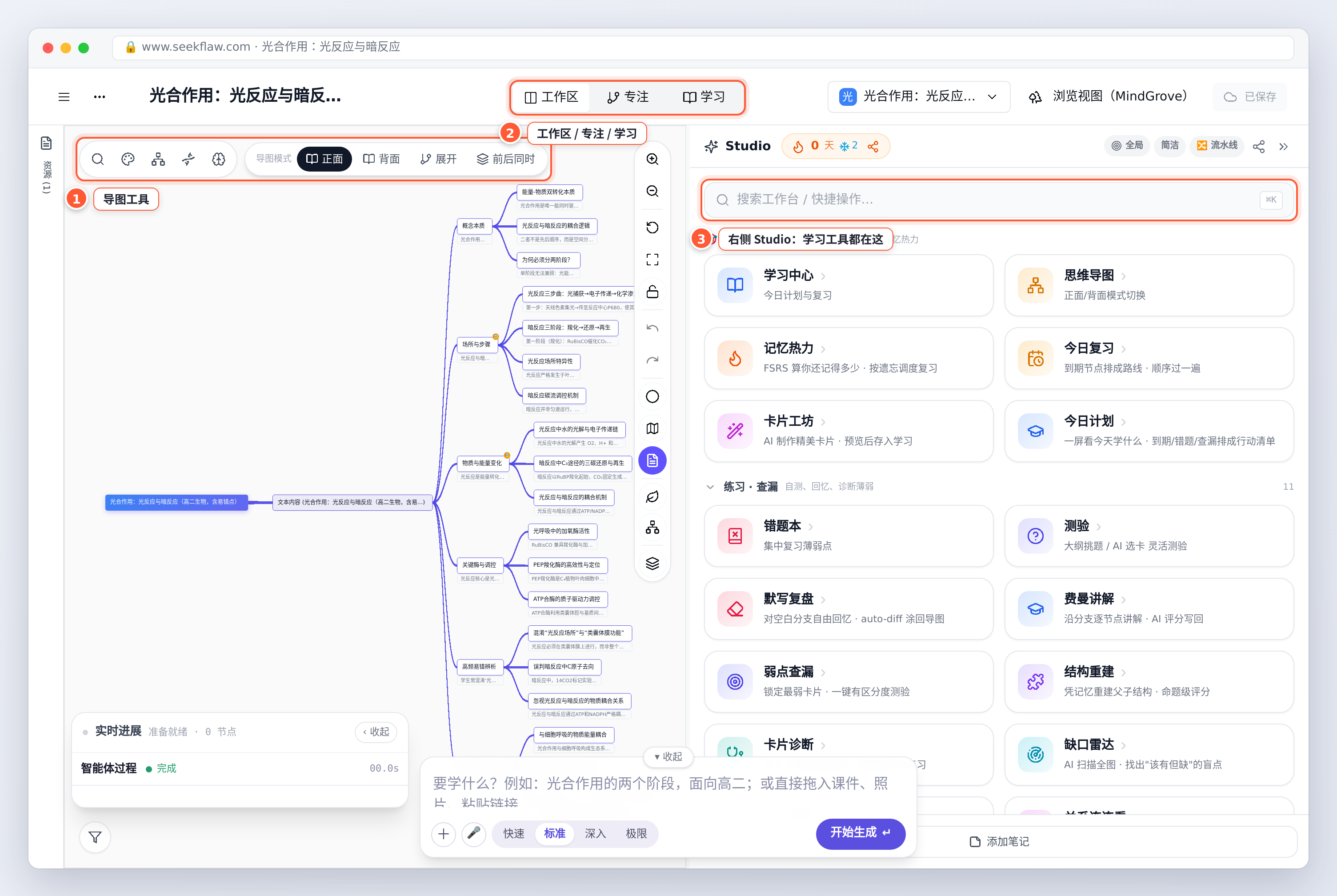 空间画布：导图工具、视图切换与右侧 Studio