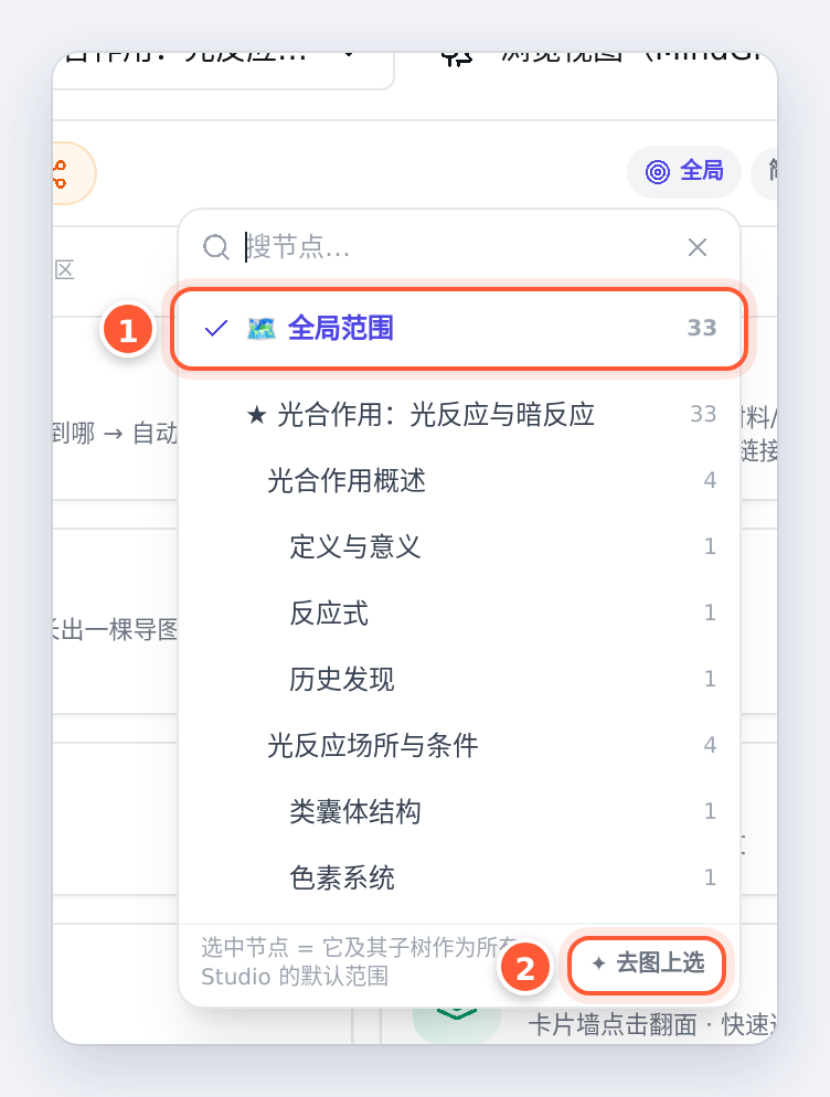 范围选择：全局范围，或在图上框选一个分支
