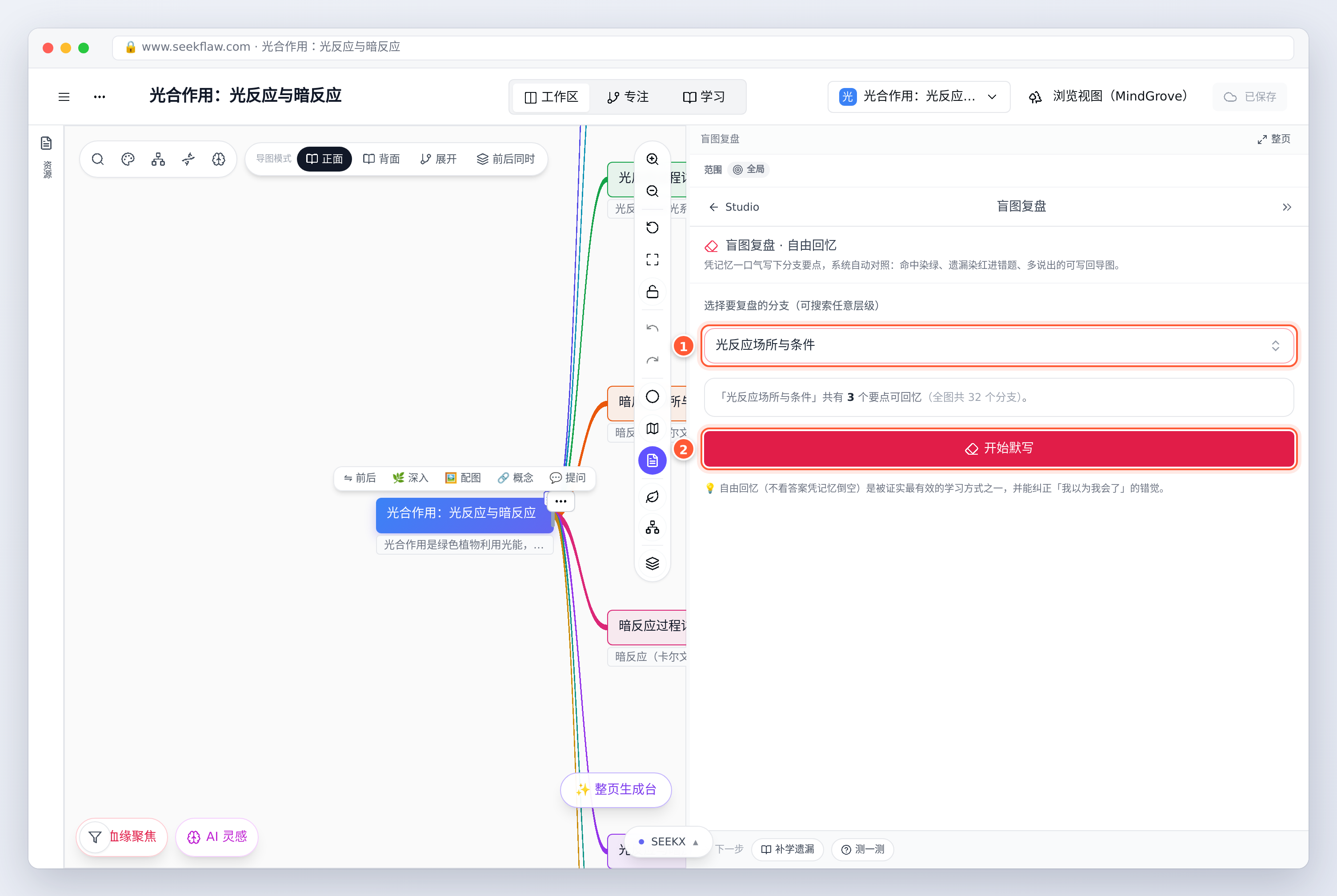 默写复盘：选择要复盘的分支，开始默写