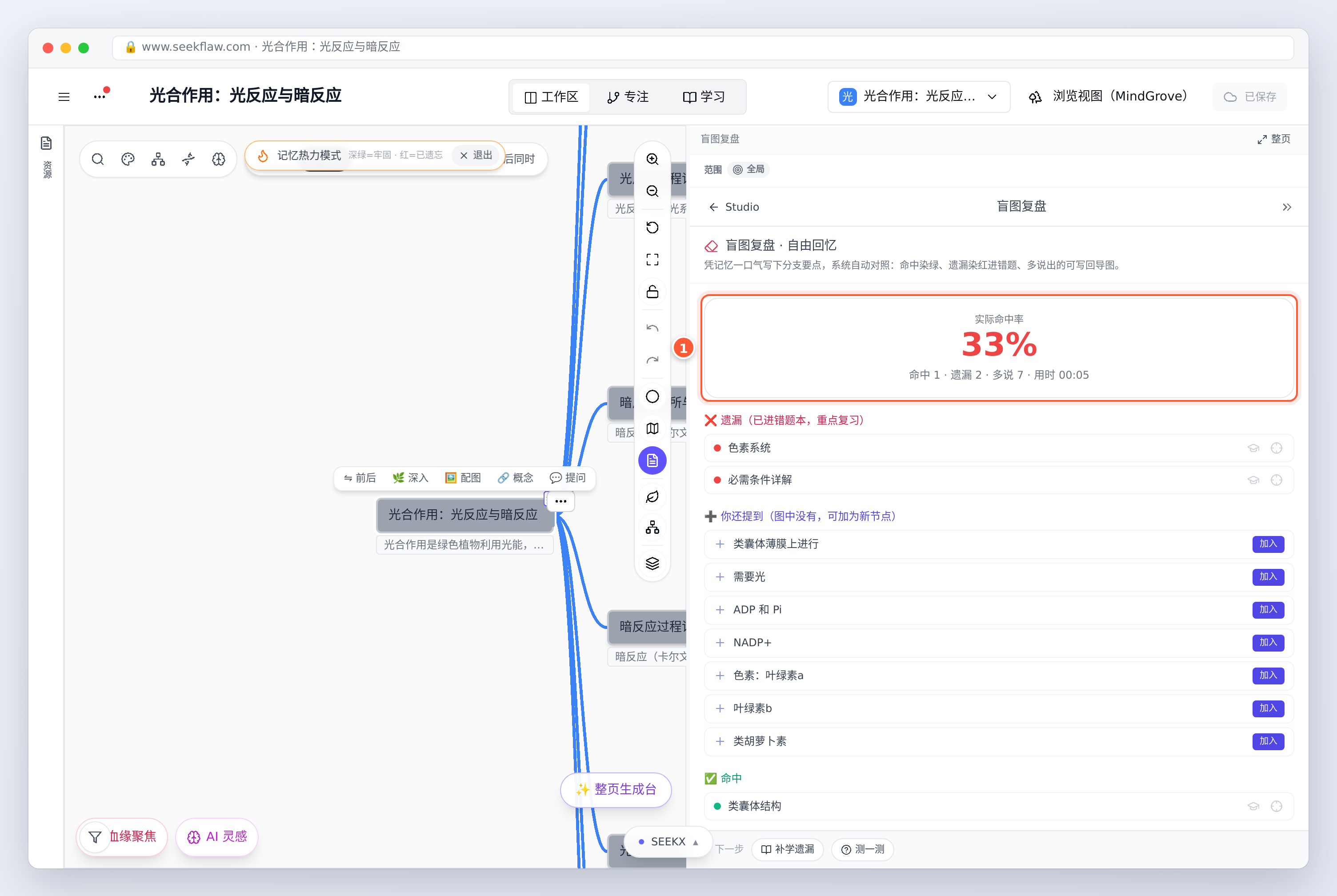 对照结果：实际命中率、遗漏（进错题本）、你还提到的内容（可加为新节点）