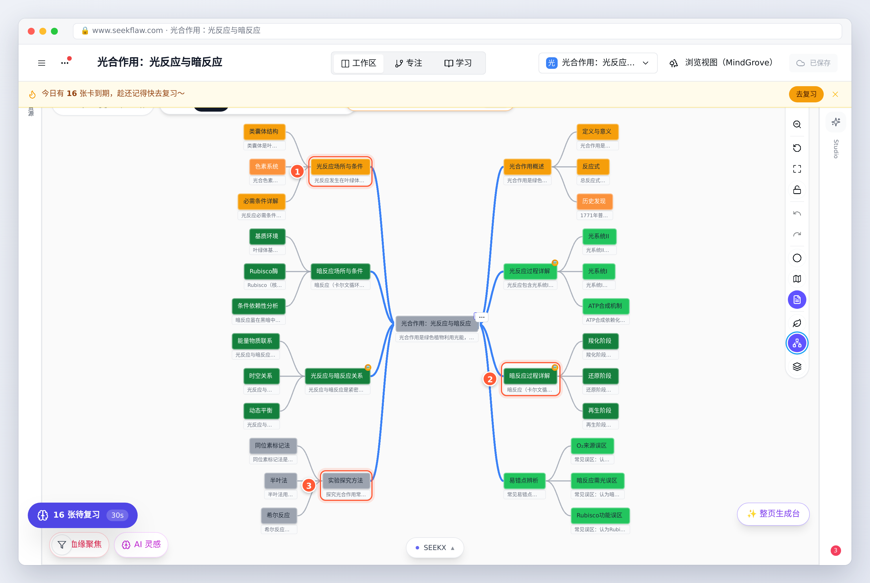 导图按记住概率染色：黄橙色是快忘的分支，深绿是刚复习过的，灰色是还没学的