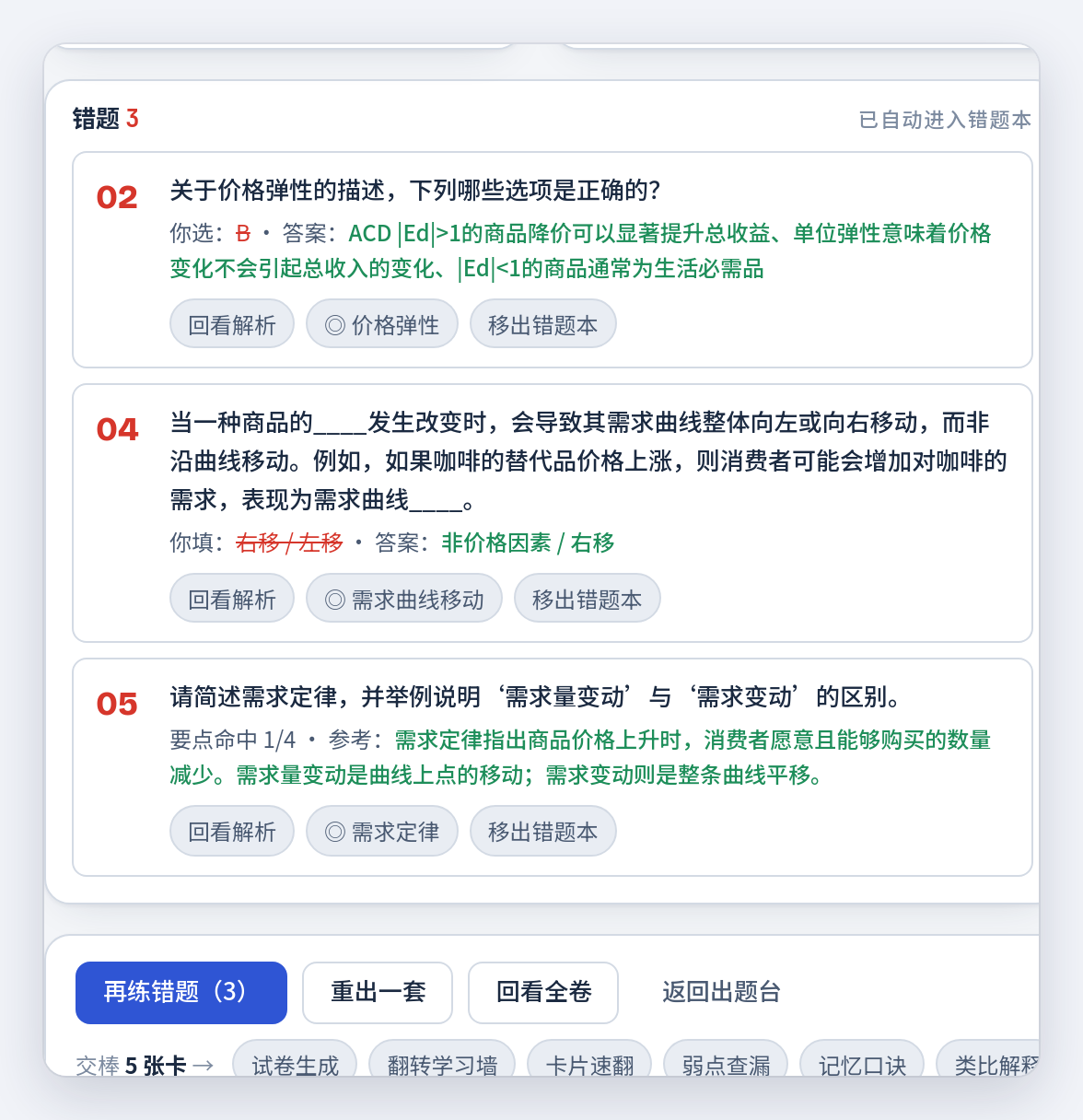 错题：你选的、正确答案、对应的知识点