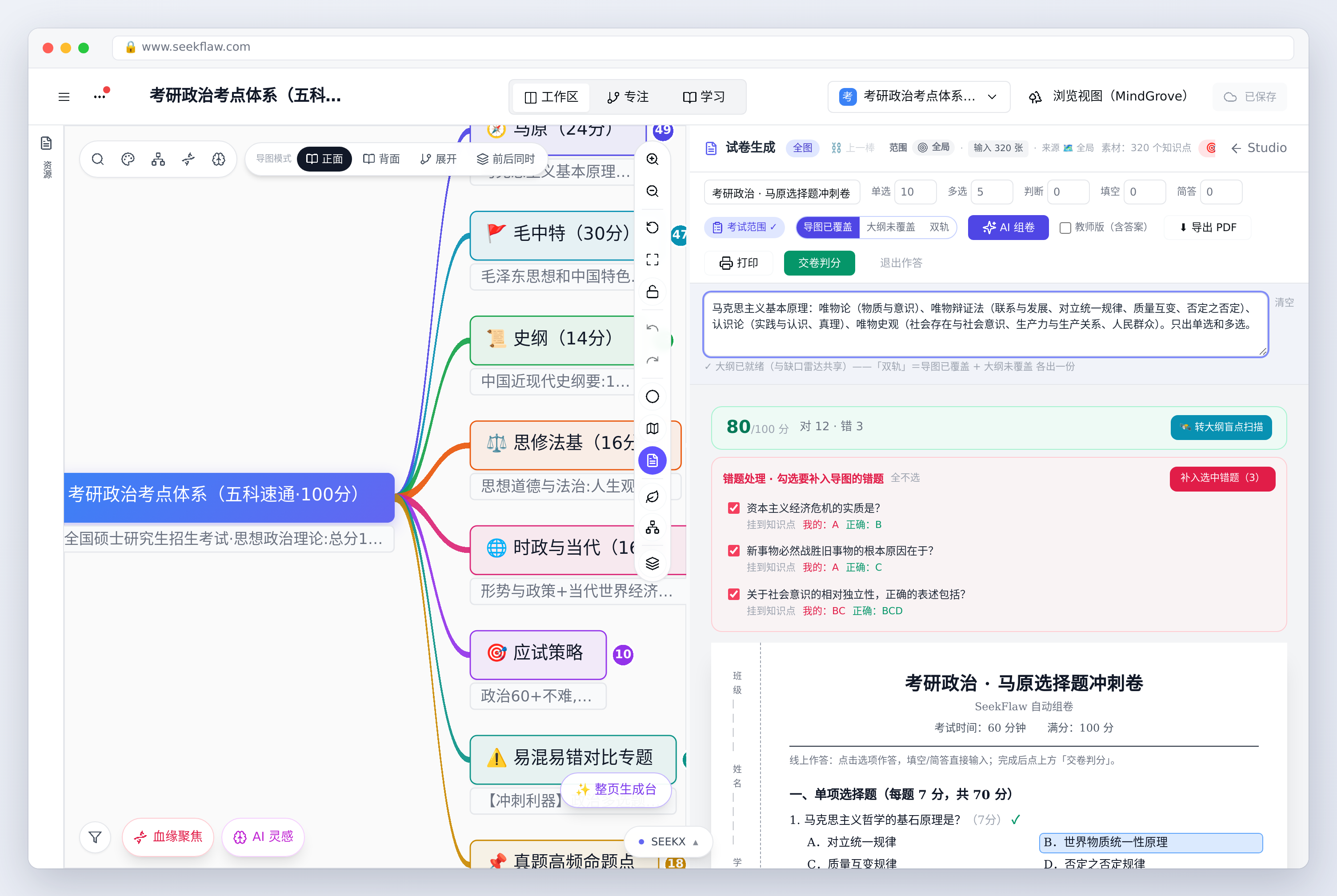交卷判分：80 分；错题处理可以勾选后补入导图