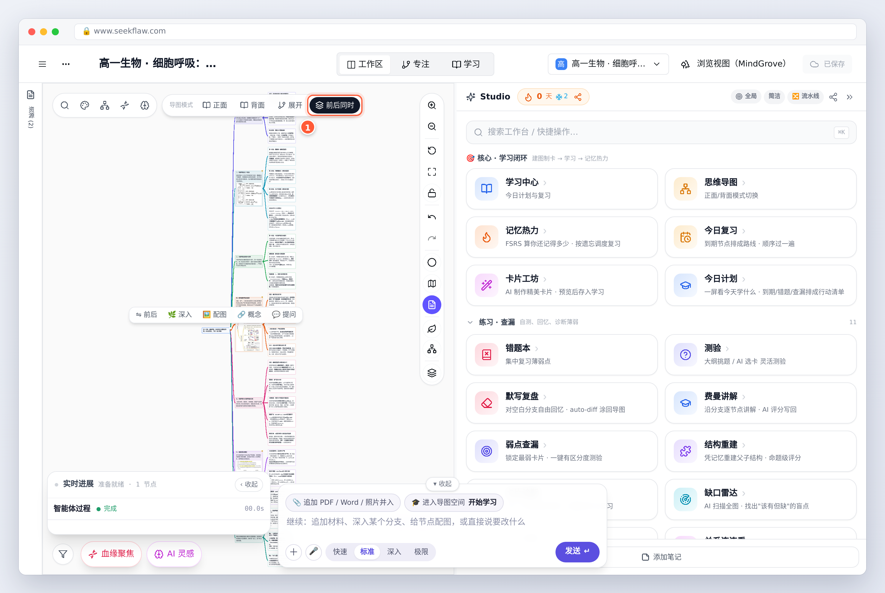 空间全貌：左边导图，右边 Studio；① 前后同时