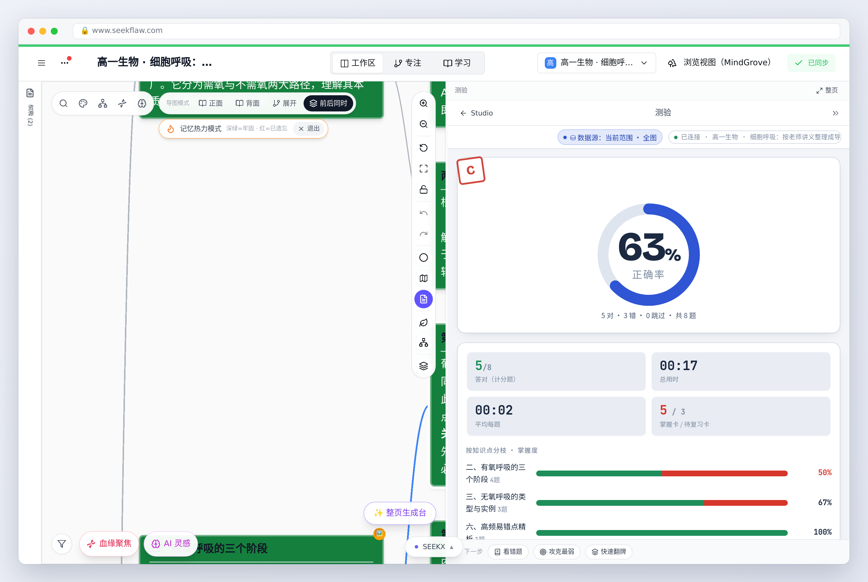 成绩单：63%，按分支看掌握度，有氧呼吸三个阶段最弱