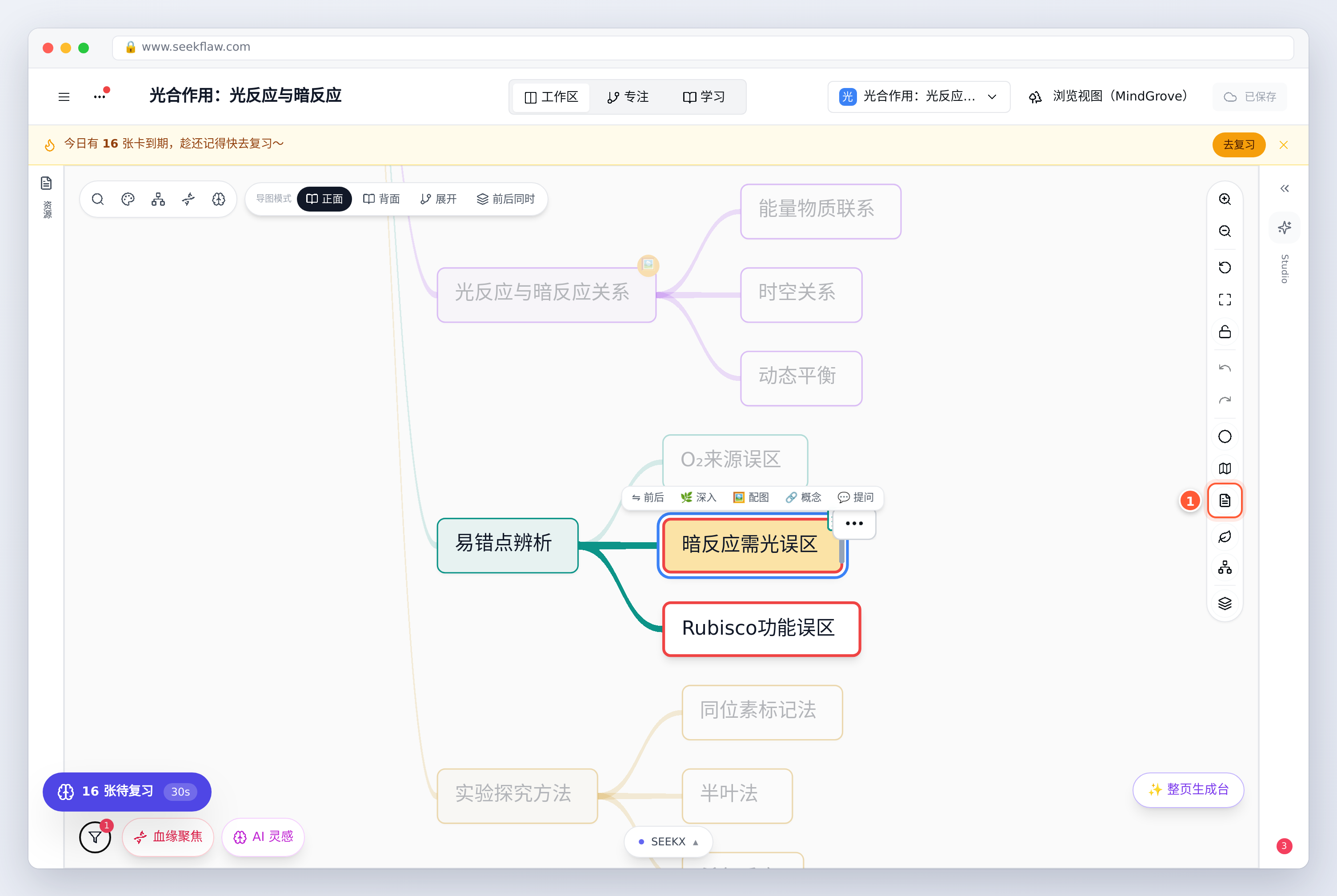 完全屏蔽：只剩标题，错题节点亮着，其余变暗（① 是「隐藏内容摘要」按钮）