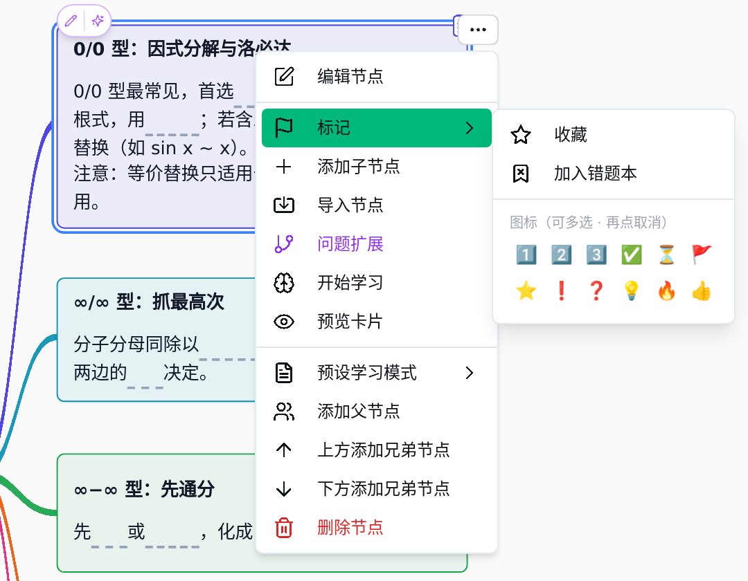 节点菜单「标记」子菜单：收藏、加入错题本，以及一排可选图标