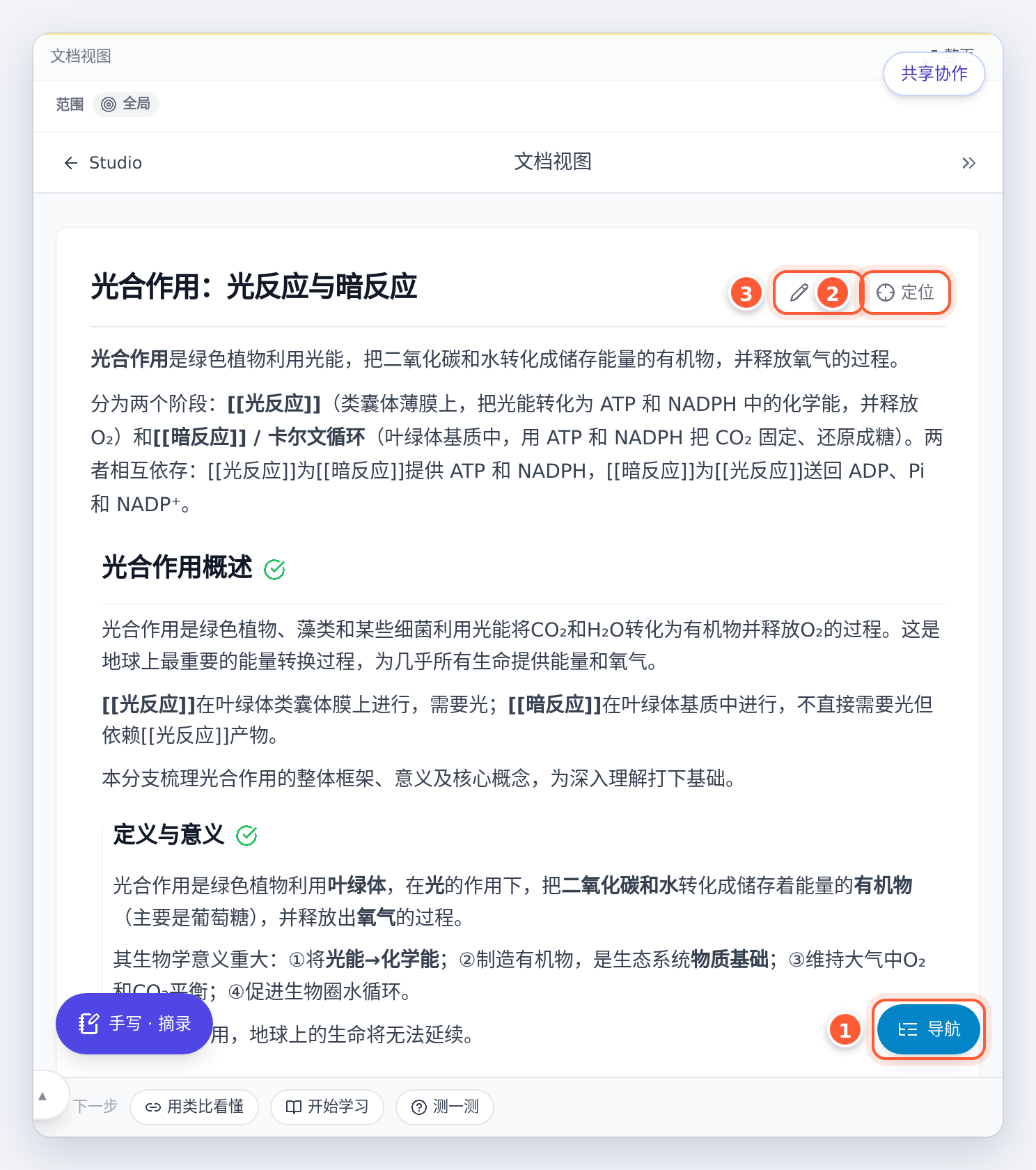 文档视图：按导图层级铺成长文，右下角有导航和手写摘录