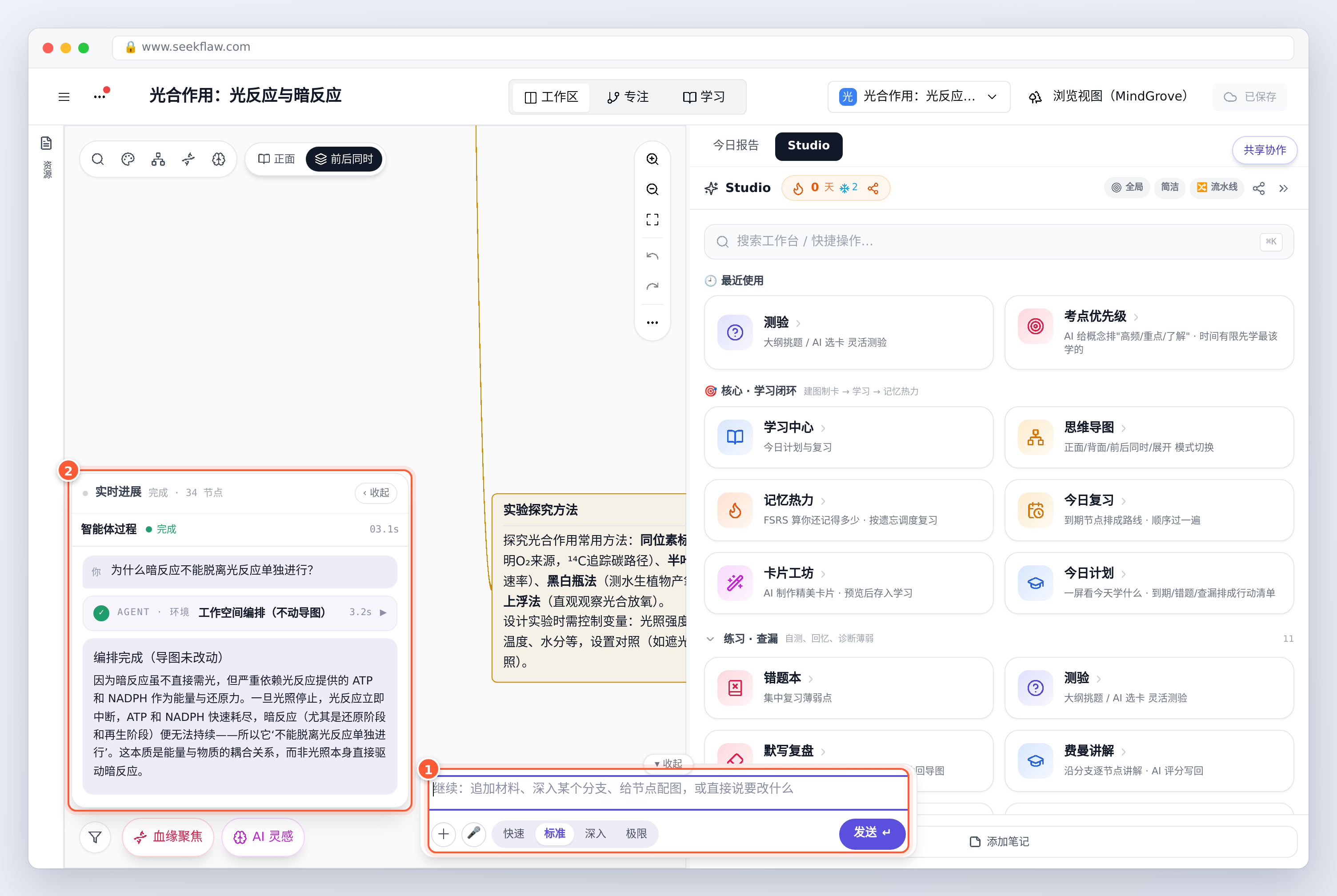 输入概念问题：回执直接给出文字回答，没有动导图，右栏仍是原来的 Studio 列表