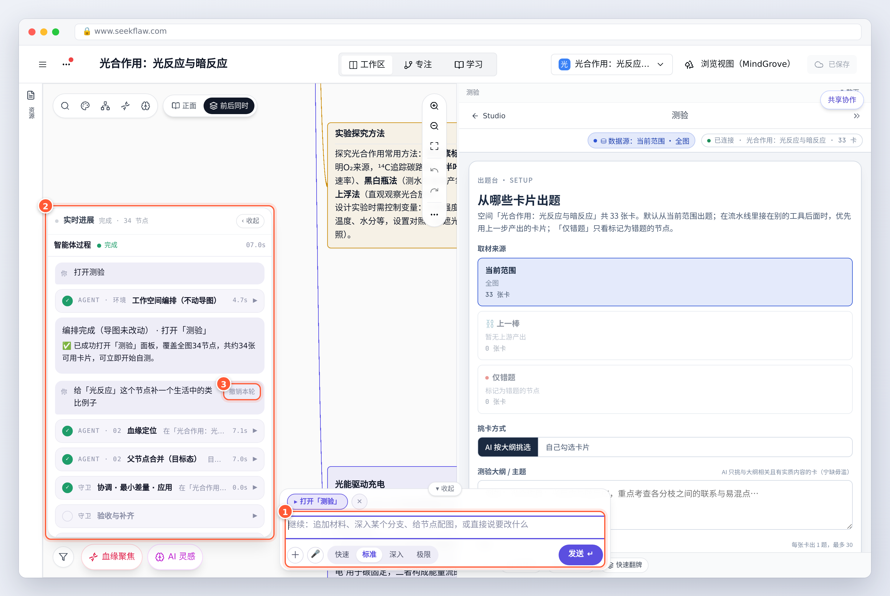 改图回执：在「光反应过程详解」下新增 1 个节点；第二轮起每轮右上角有「撤销本轮」按钮