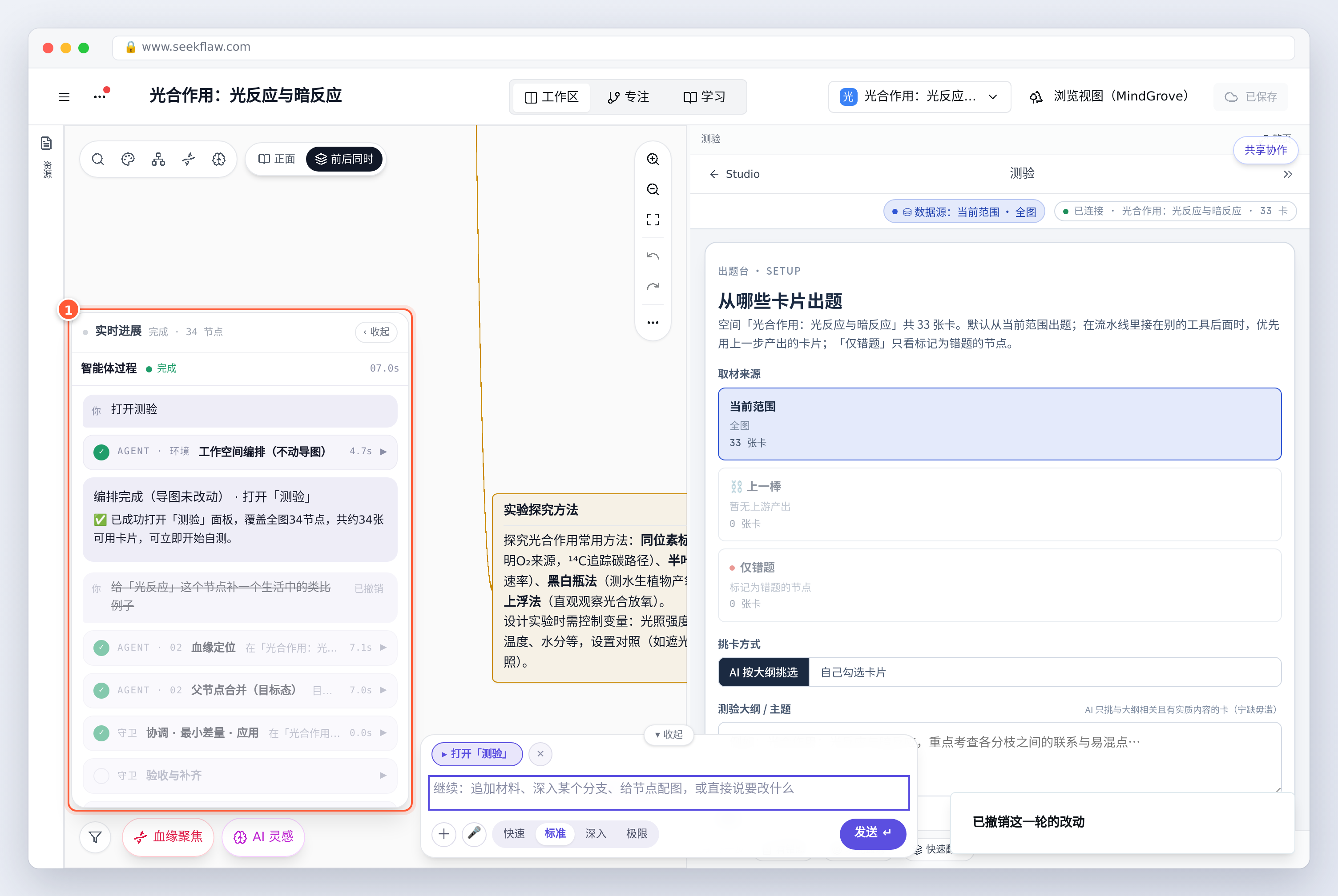 撤销后：这一轮的文字被划线，标注「已撤销」，导图回到 34 个节点