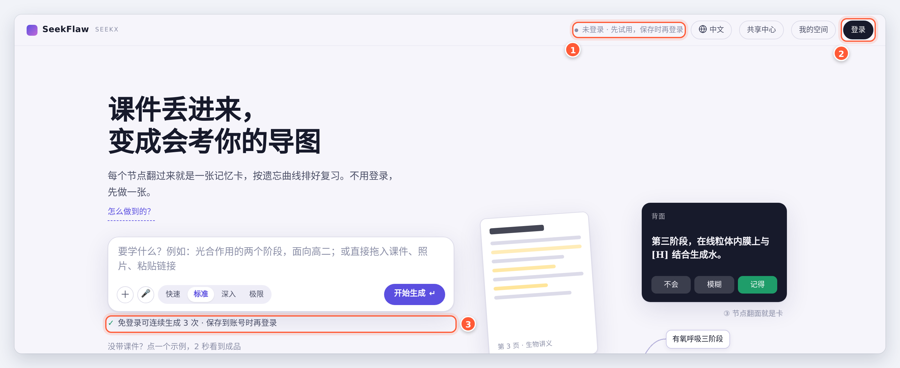 未登录时的首页：顶栏写着未登录先试用，右上角是登录按钮，输入框下面有一行小字，说明游客可以连续生成 3 次