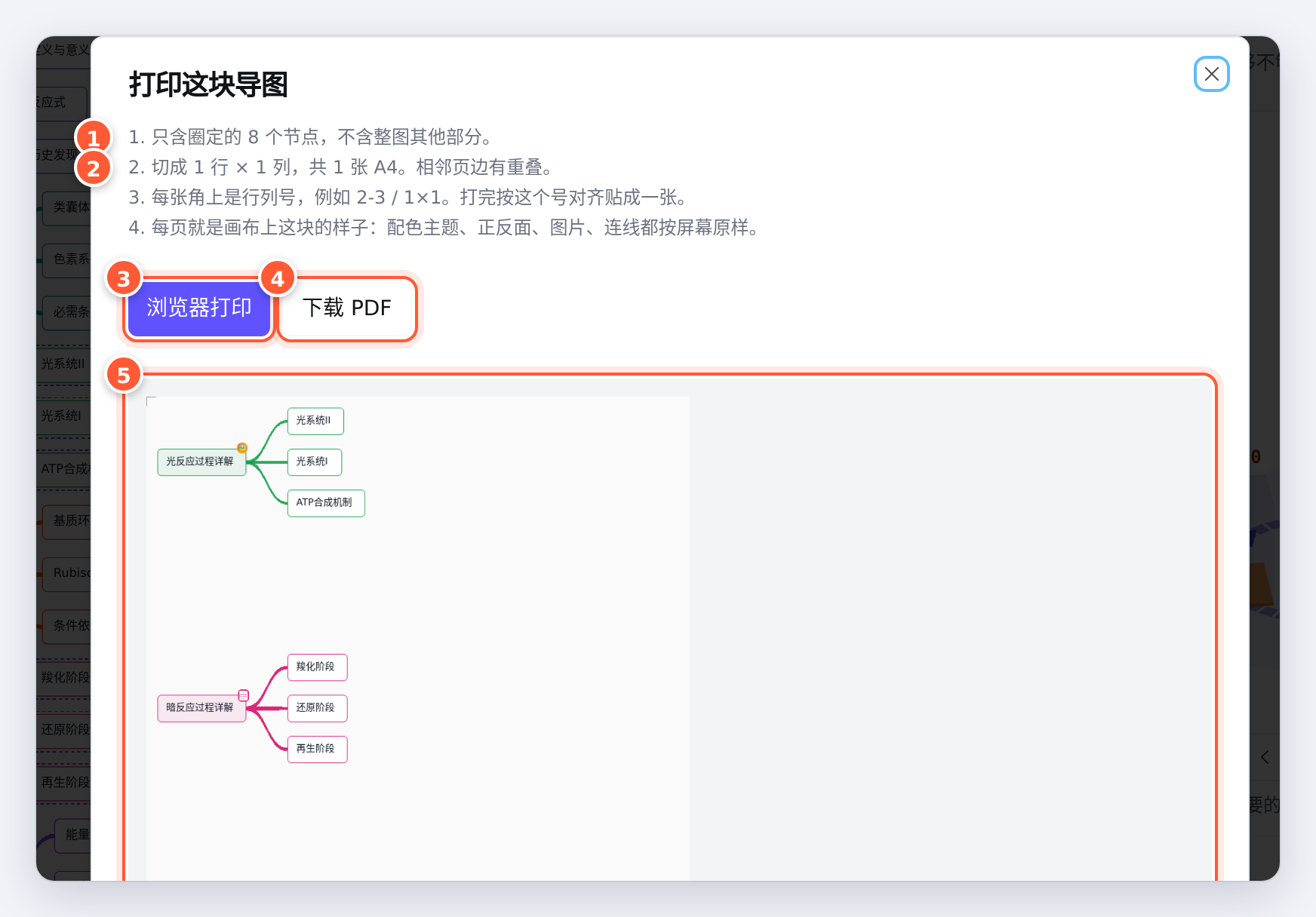 打印这块导图：范围说明、浏览器打印、下载 PDF 和每页的预览