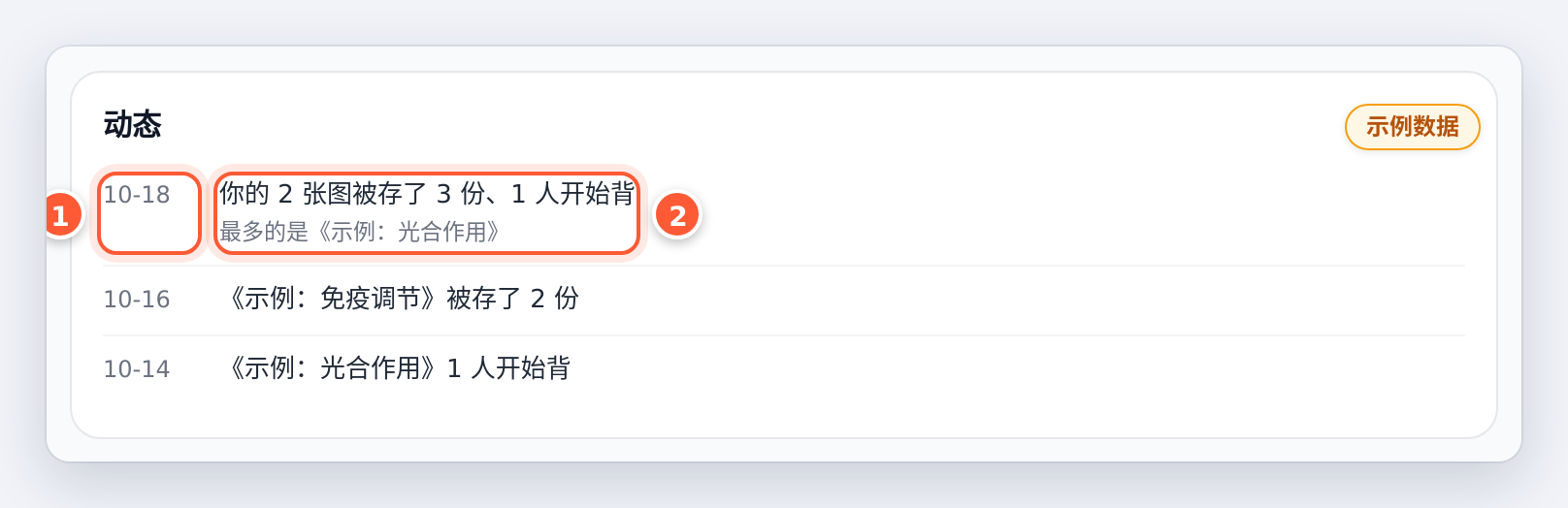 动态：每行左边是日期，右边是当天的一句汇总（示例数据）
