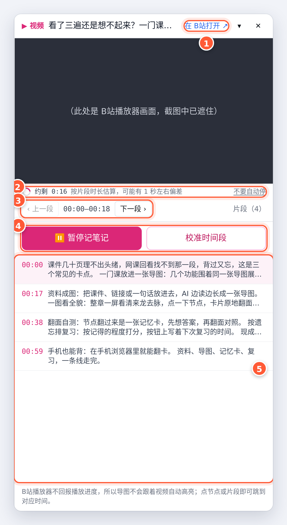 右侧视频面板：标题行、播放器、状态行、上一段 / 下一段、暂停记笔记、各段起点